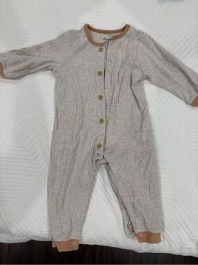 Little Me Ribbed Beige One-Piece with Tan Trim